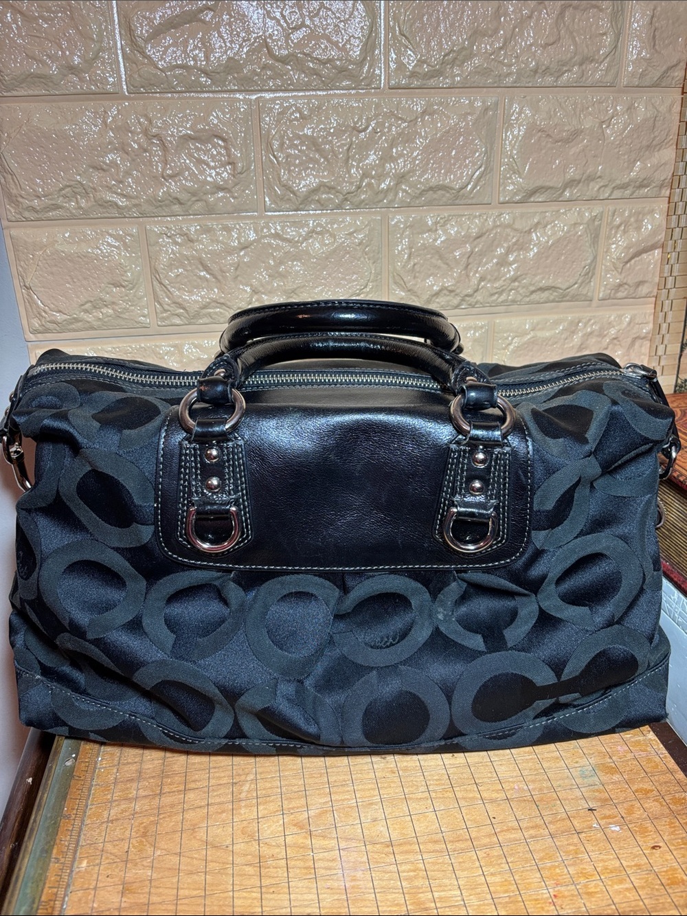 Coach Black Op Art Madison Satchel Leather Handles, Shoulder Strap, Silver Bag - Picture 7 of 17